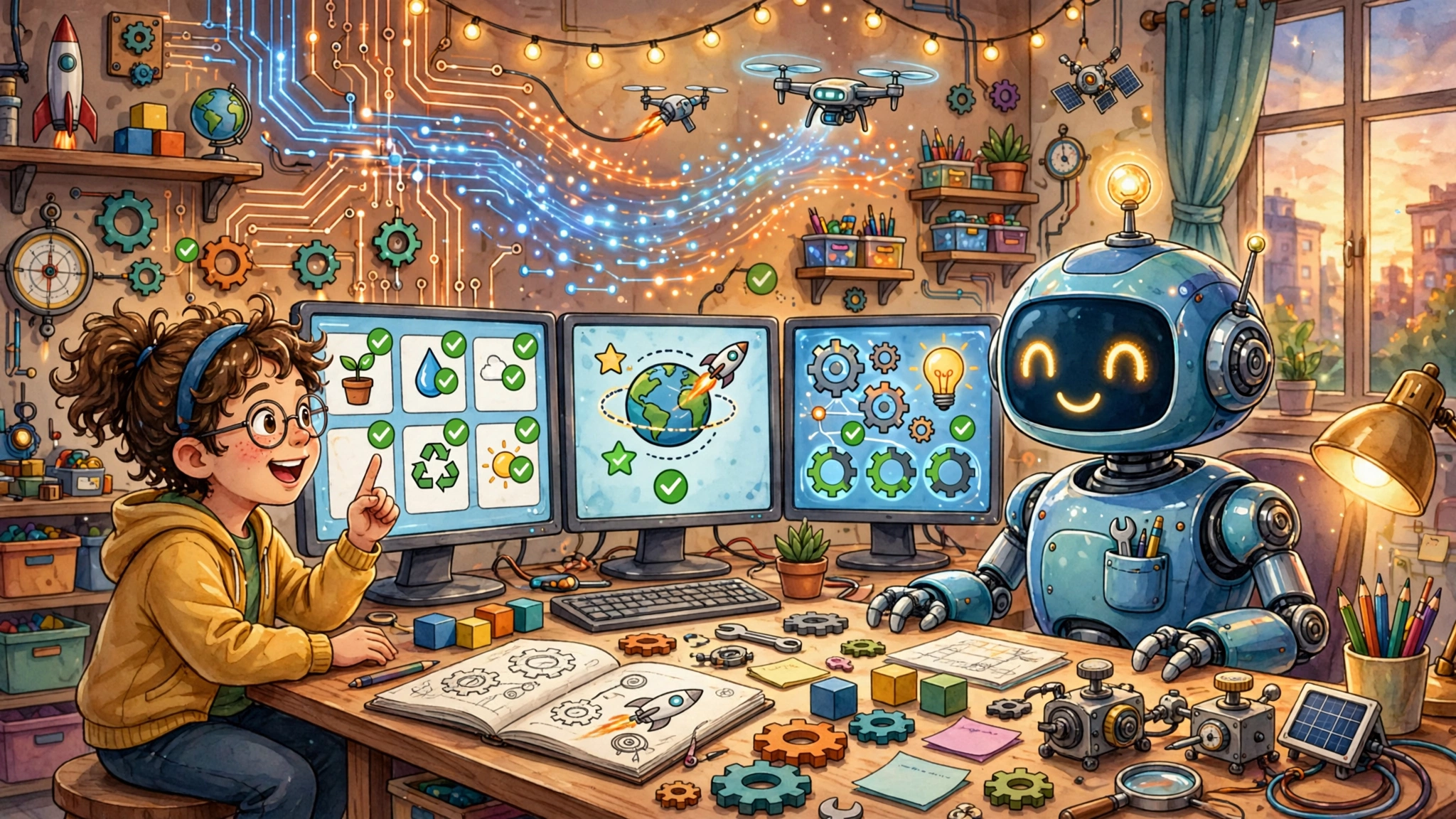 Friendly robot assistant working at a desk surrounded by tools and screens
