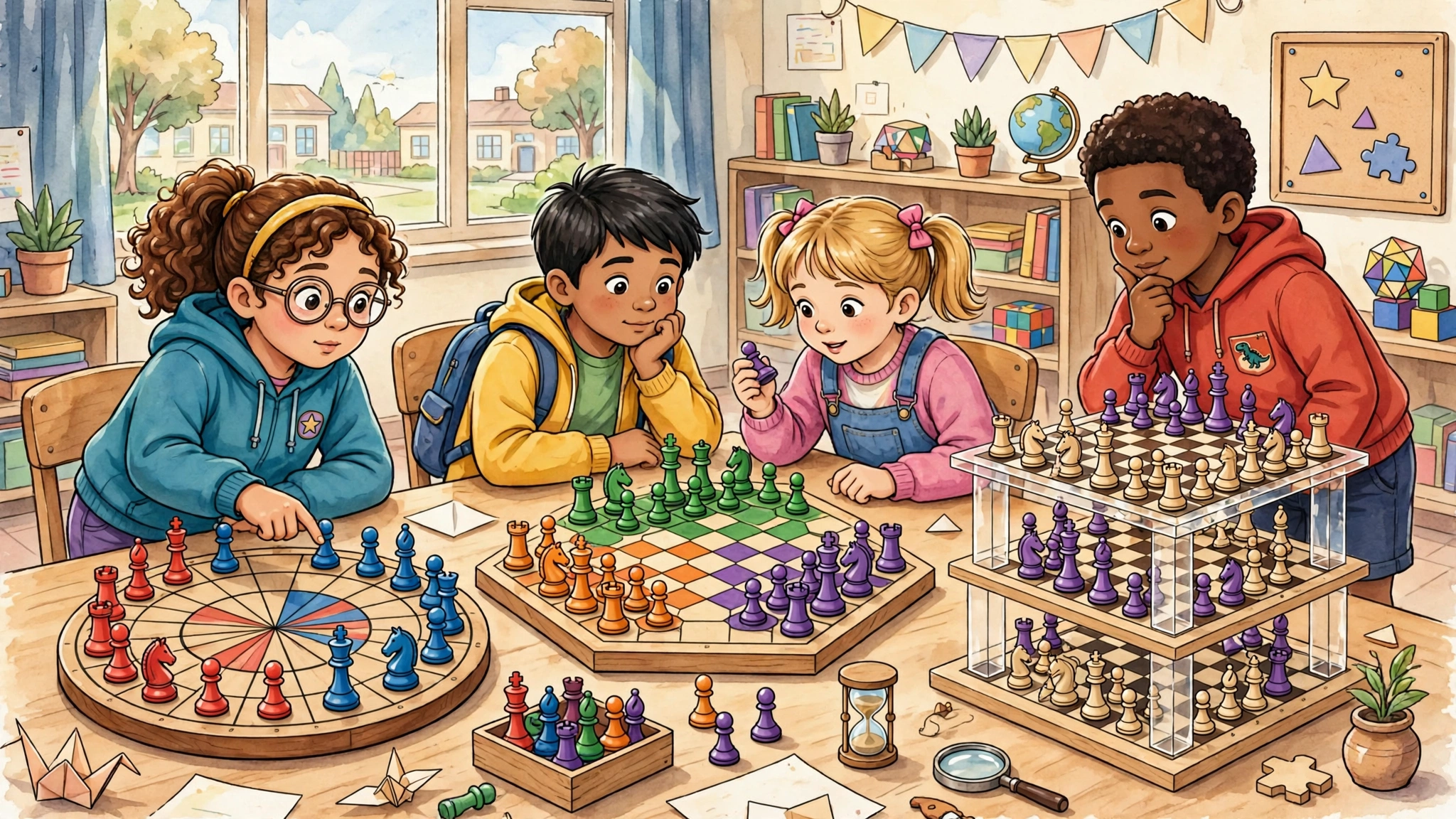 Chess pieces arranged in unusual positions on a board, representing chess variants