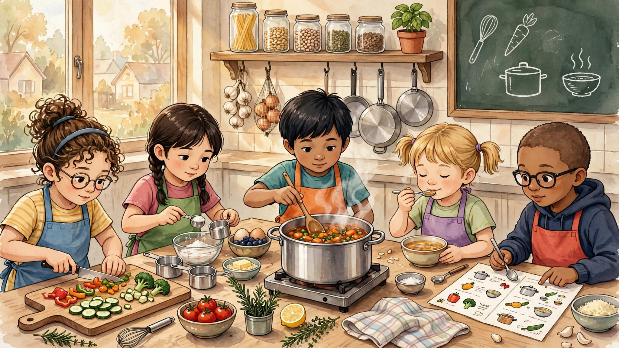 A happy kid cooking in a colorful kitchen