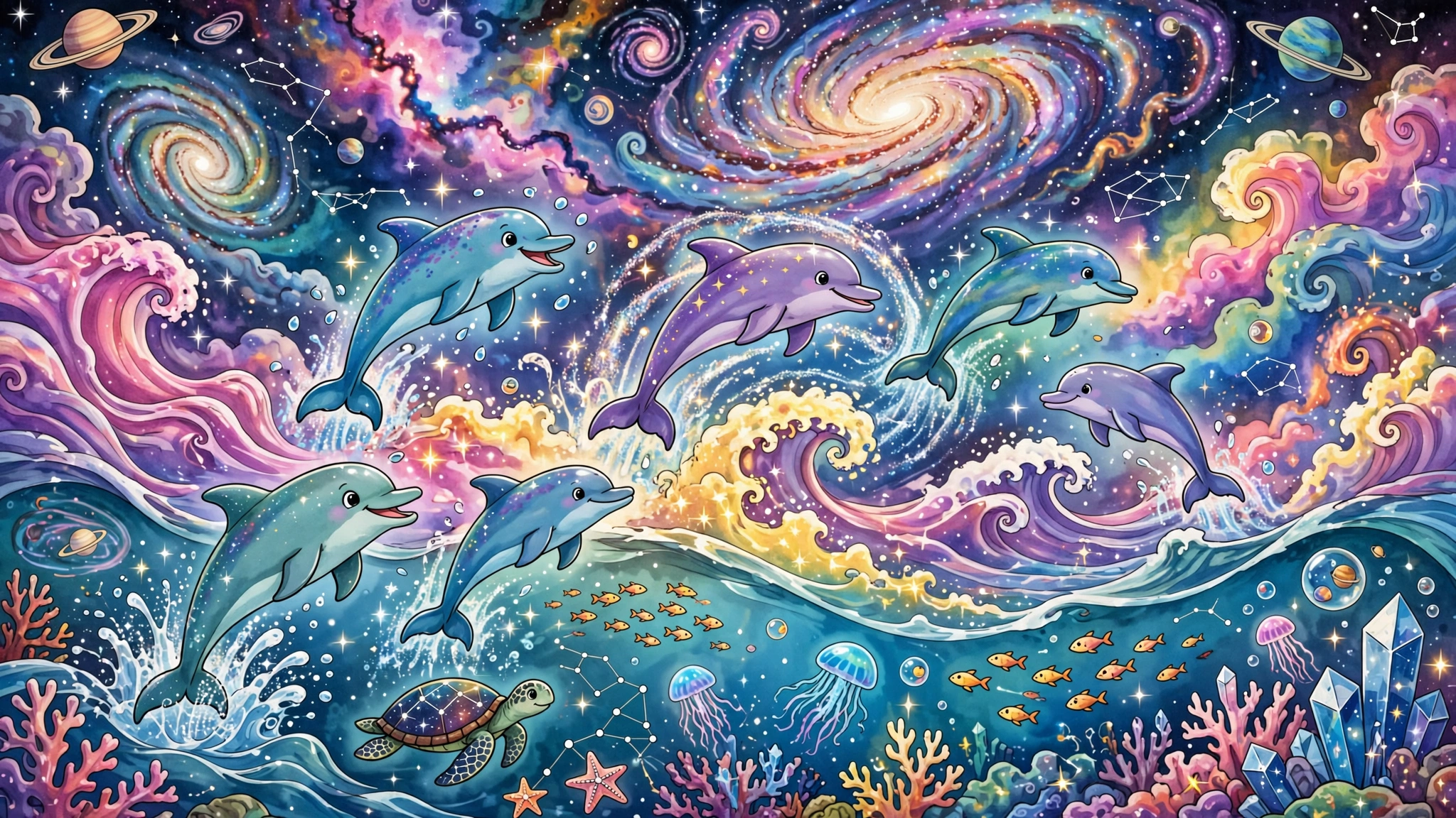 Dolphins floating in outer space among stars and planets