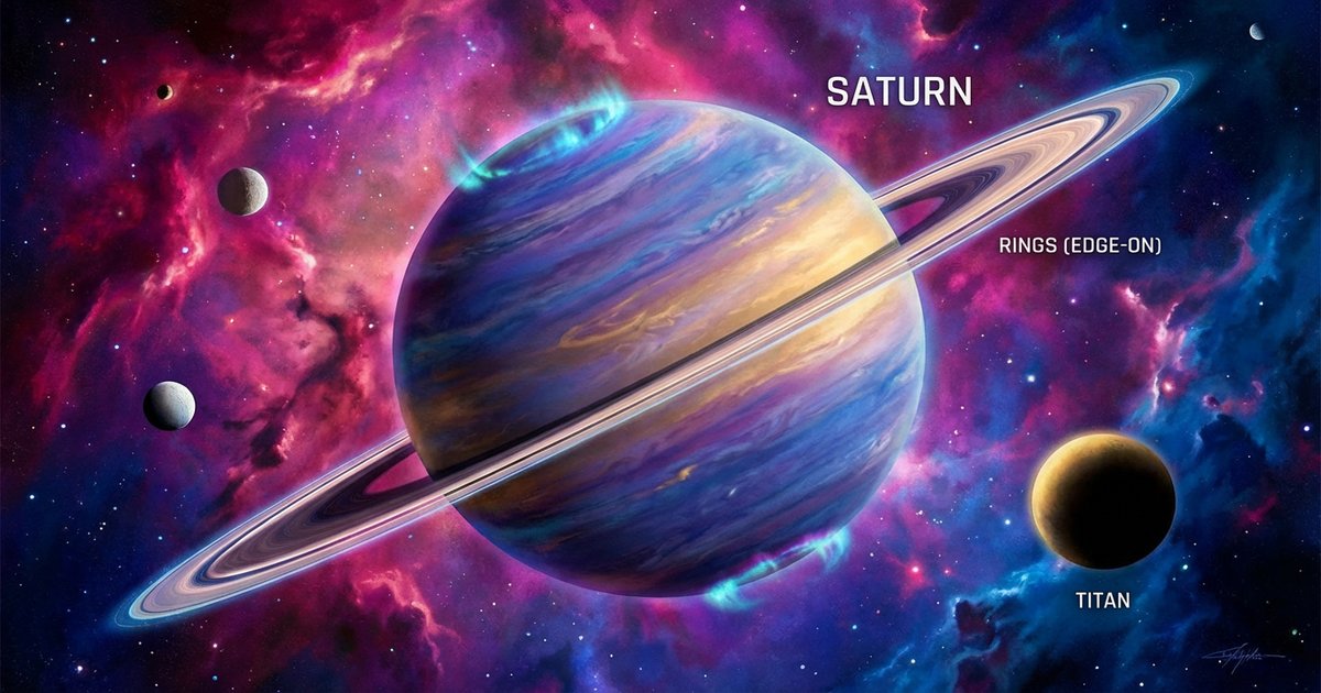 Saturn with thin rings seen edge-on