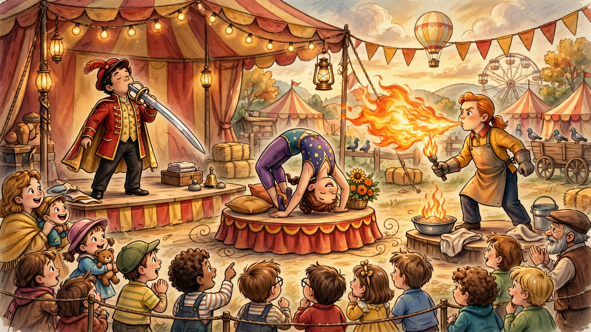 A colorful circus sideshow scene