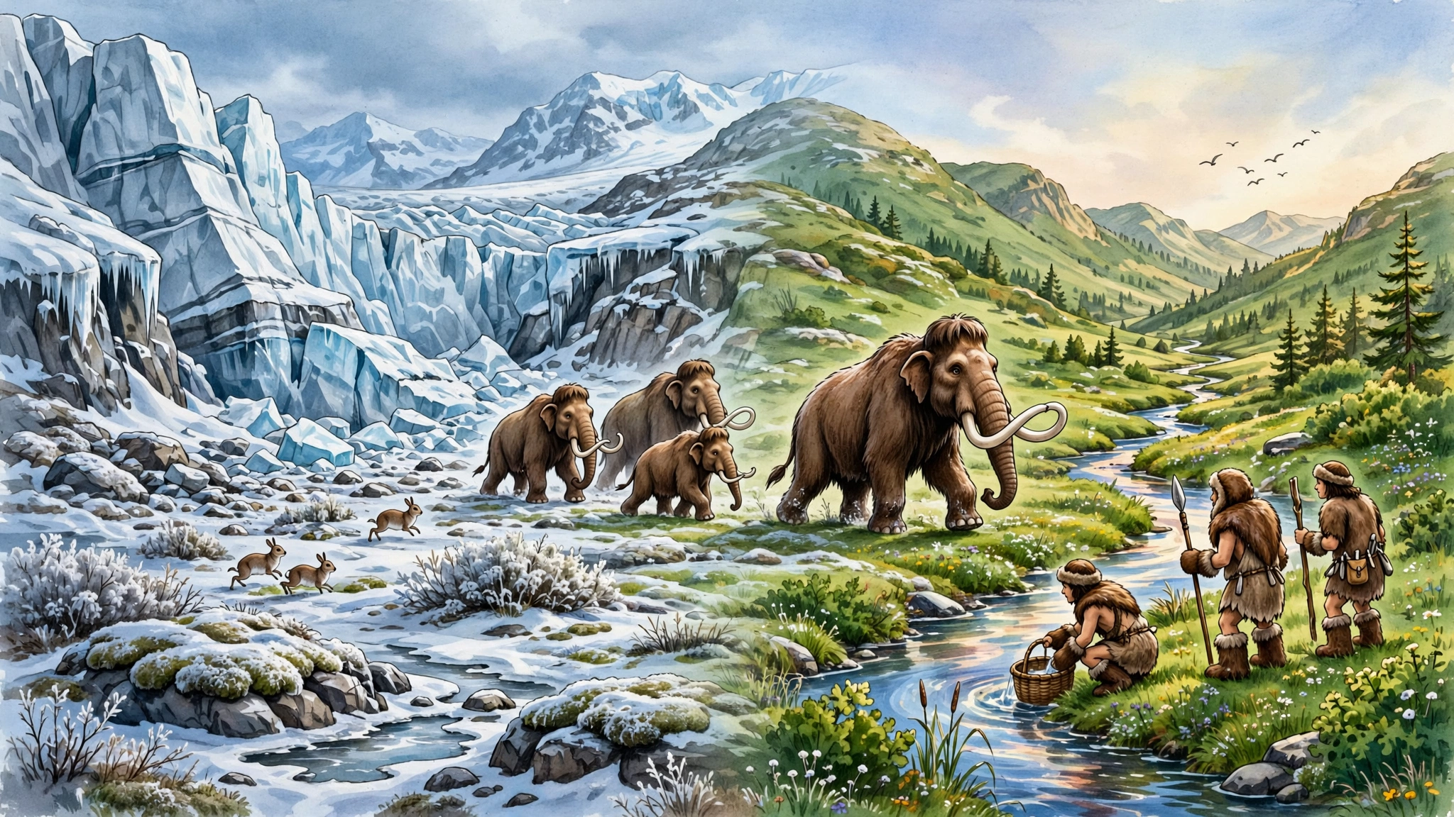 Ice Age landscape with woolly mammoths and glaciers