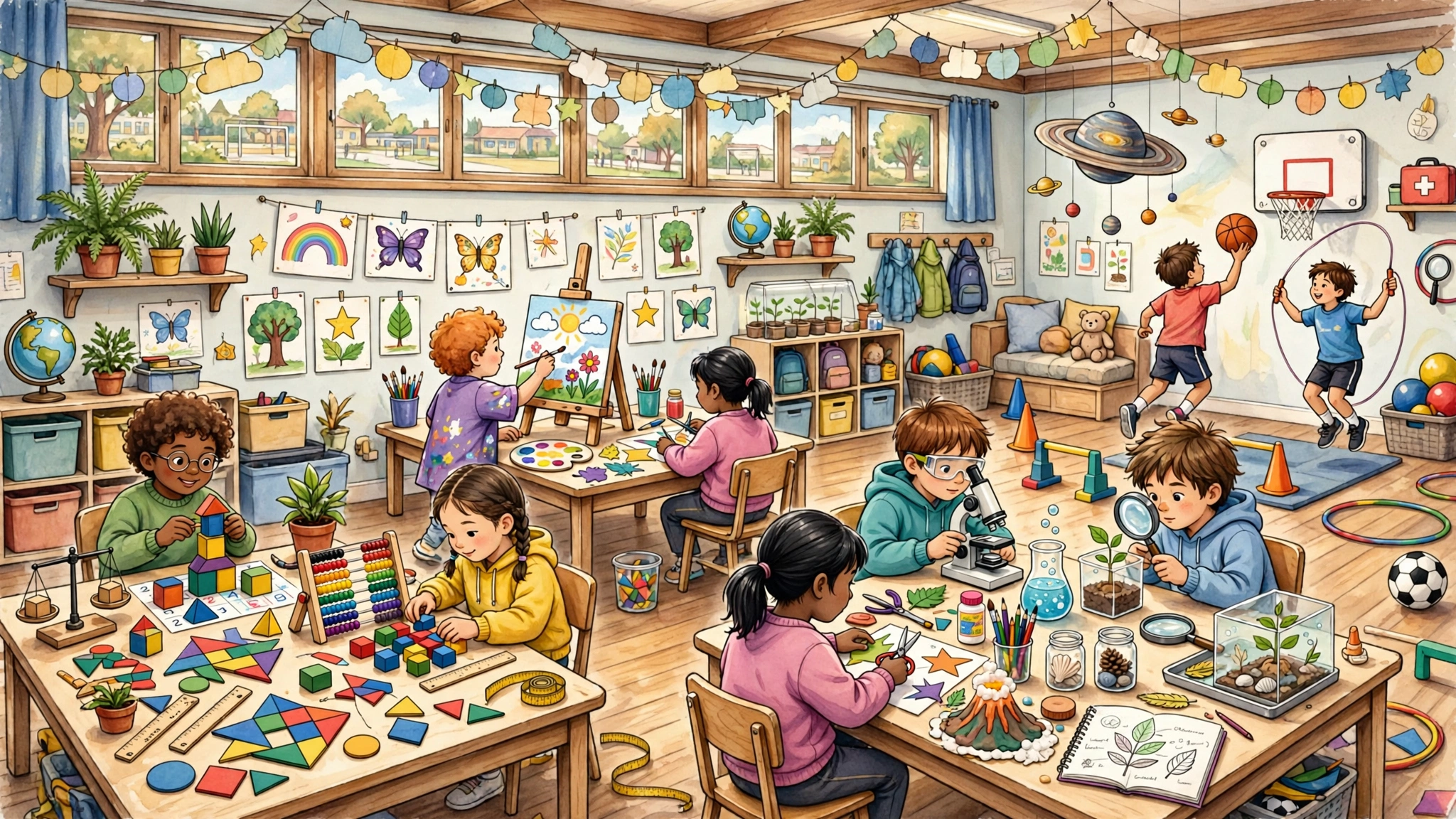 Diverse kids learning different things in a colorful classroom